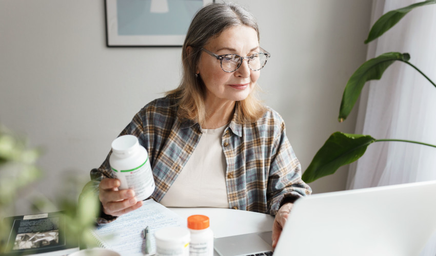 Older white woman holding bottle of supplement pills looking up their ingredients on her laptop