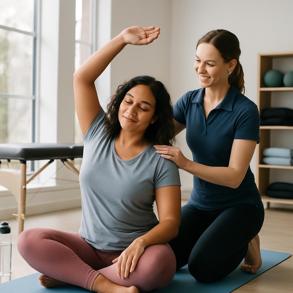 Photorealistic scene of a woman participating in a physical therapy session with a professional in a bright, modern rehab studio.