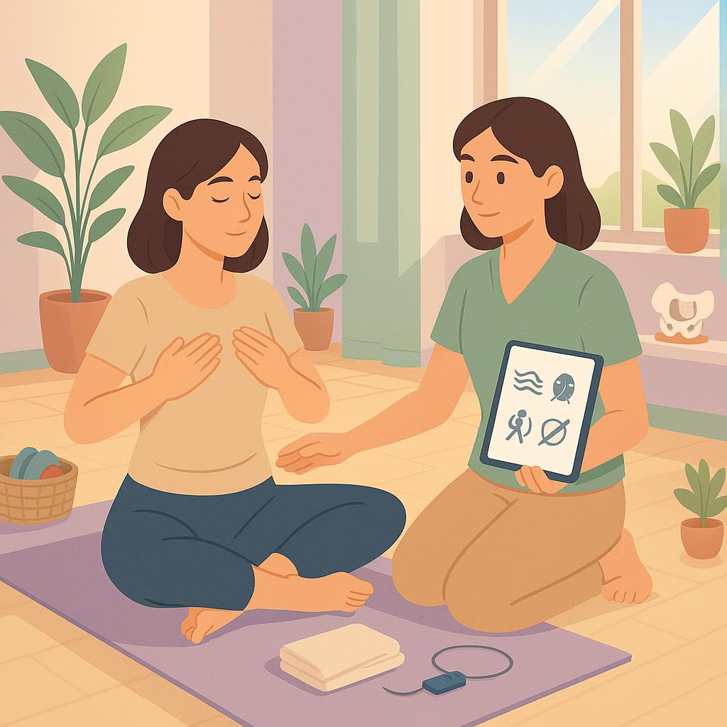 An inviting pelvic rehab studio scene shows a pelvic floor PT coaching a woman through rib-cage breathing on a mat while a tablet displays icon-only goals and a muted struck-through scalpel to indicate nonsurgical care.