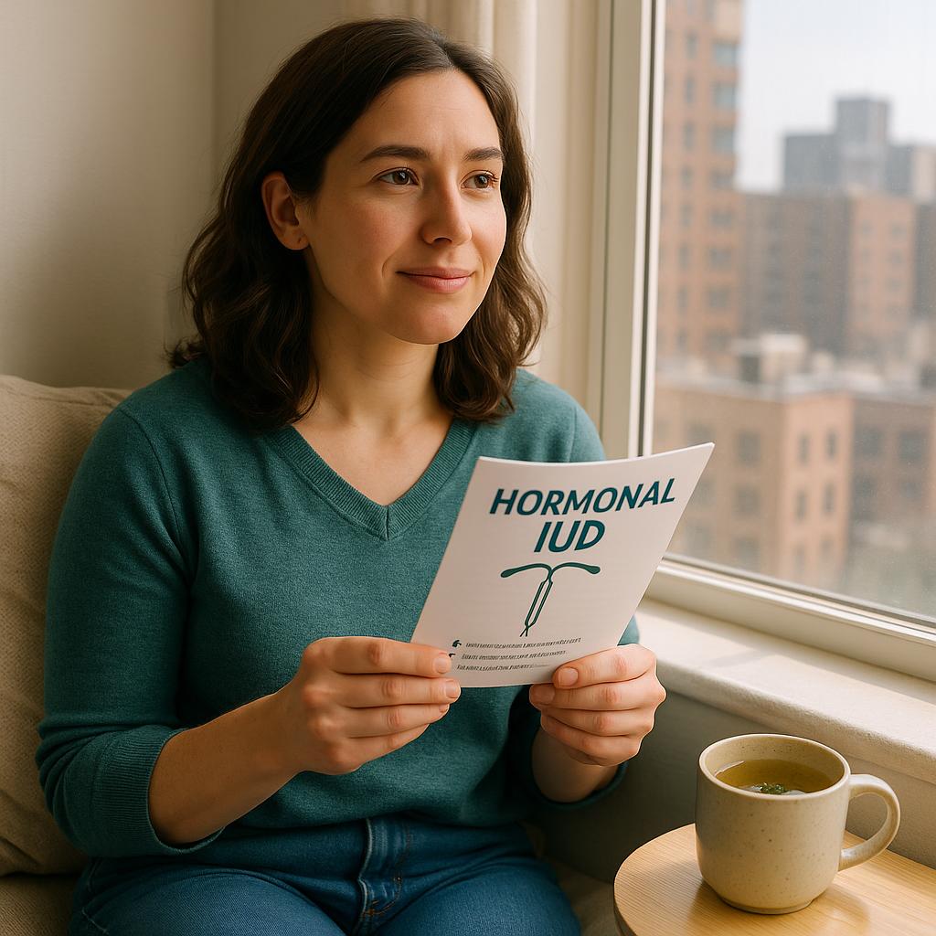 Photorealistic image of a woman reading about hormonal IUDs in a sunlit, cozy home setting, conveying empowerment and informed decision-making.