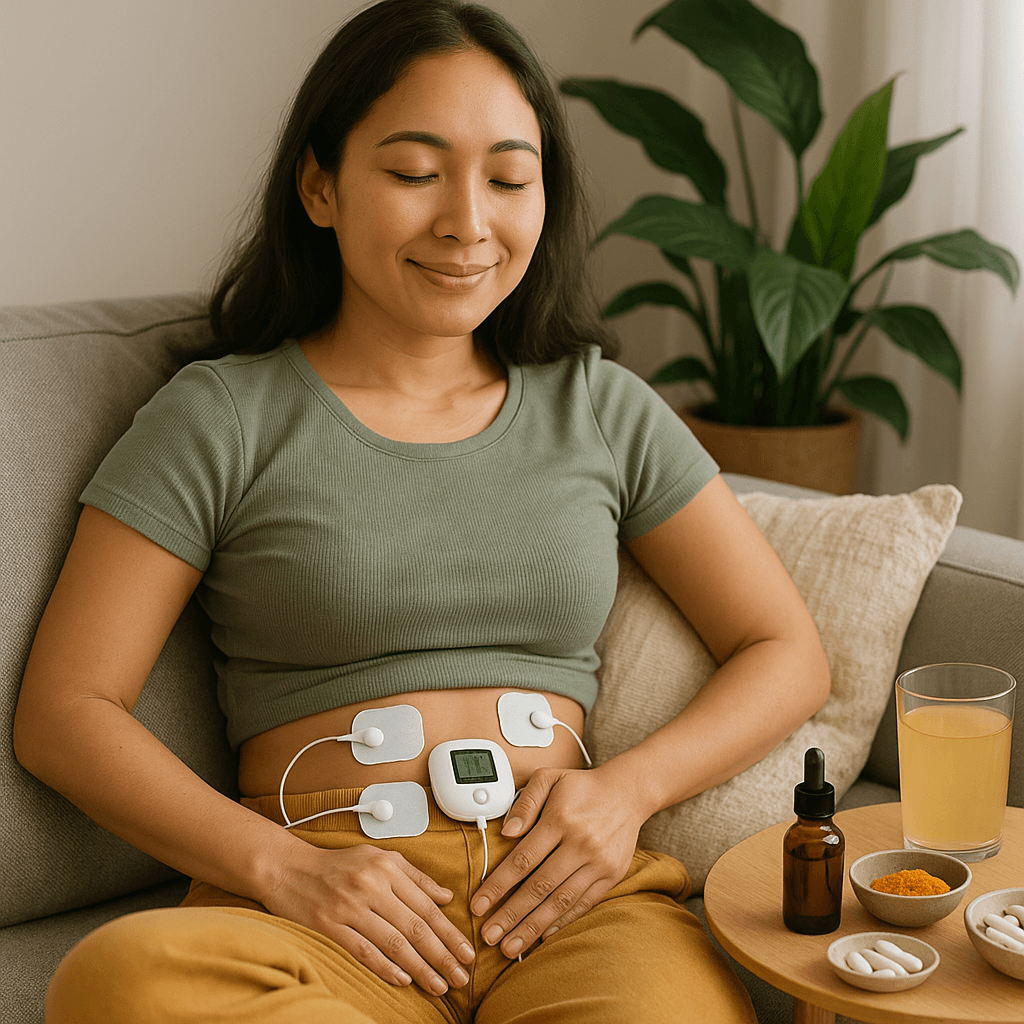 A female sitting on her couch, looking relaxed and calm, using TENS therapy on her abdomen for reducing endometriosis pain, with the table beside her having various holistic medicines on it.