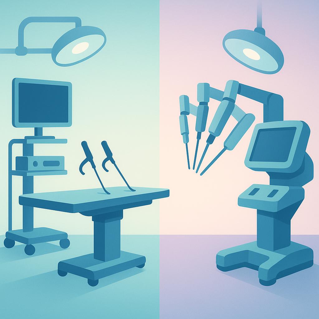 Flat vector illustration comparing conventional versus robotic surgical equipment in a modern operating room, using clean lines and soft blue and lavender tones.