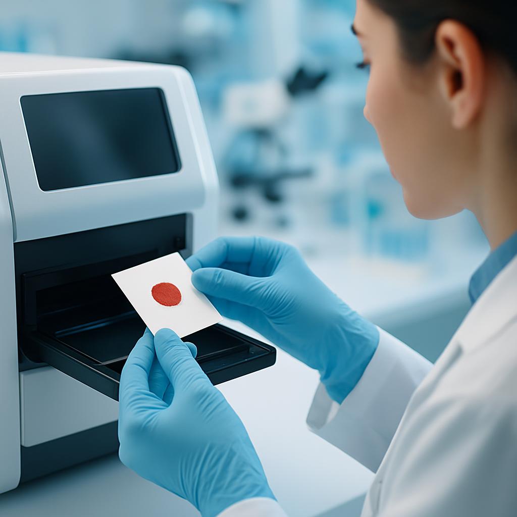 A photorealistic close-up of a scientist's gloved hands placing a dried blood spot card into laboratory equipment, representing innovative period blood testing for endometriosis.