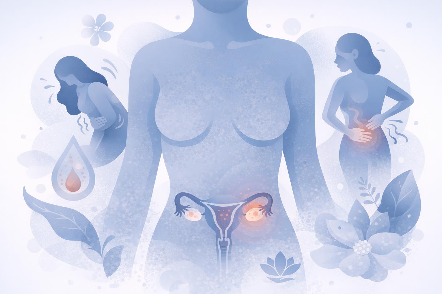 An illustration of 3 silhouetted women each showing discomfort in areas of the pelvis.