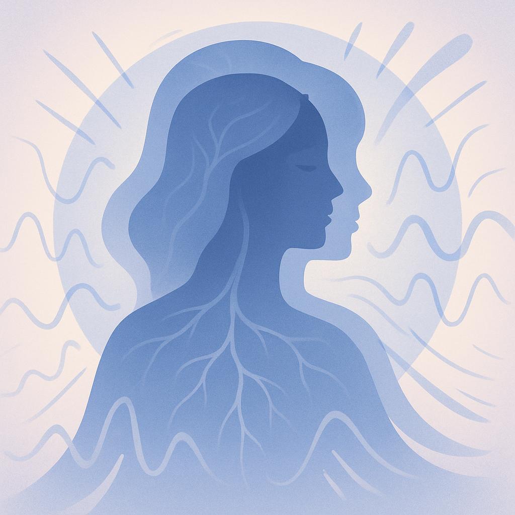 Flat vector illustration of overlapping female silhouettes with abstract nervous system pathways and HRV waveforms, symbolizing autonomic balance.