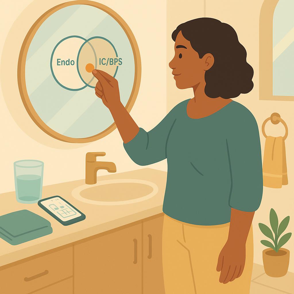 A woman places a dot on a simple “Endo + IC/BPS” Venn diagram on her bathroom mirror beside a phone bladder diary and a glass of water.