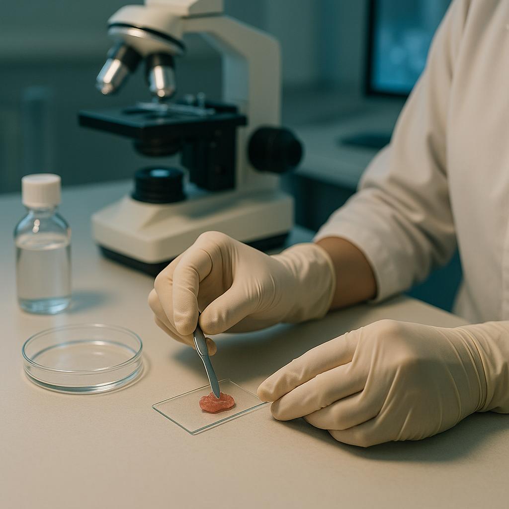 Photorealistic scene of a female technician's hands preparing a tissue biopsy slide in a modern pathology lab, evoking clarity and precision.