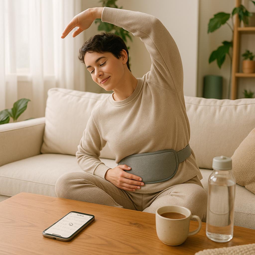 Eye-level lifestyle scene of a person gently stretching with a heating pad on their lower abdomen beside a phone showing an ovulation tracker, highlighting practical relief for ovulation pain.