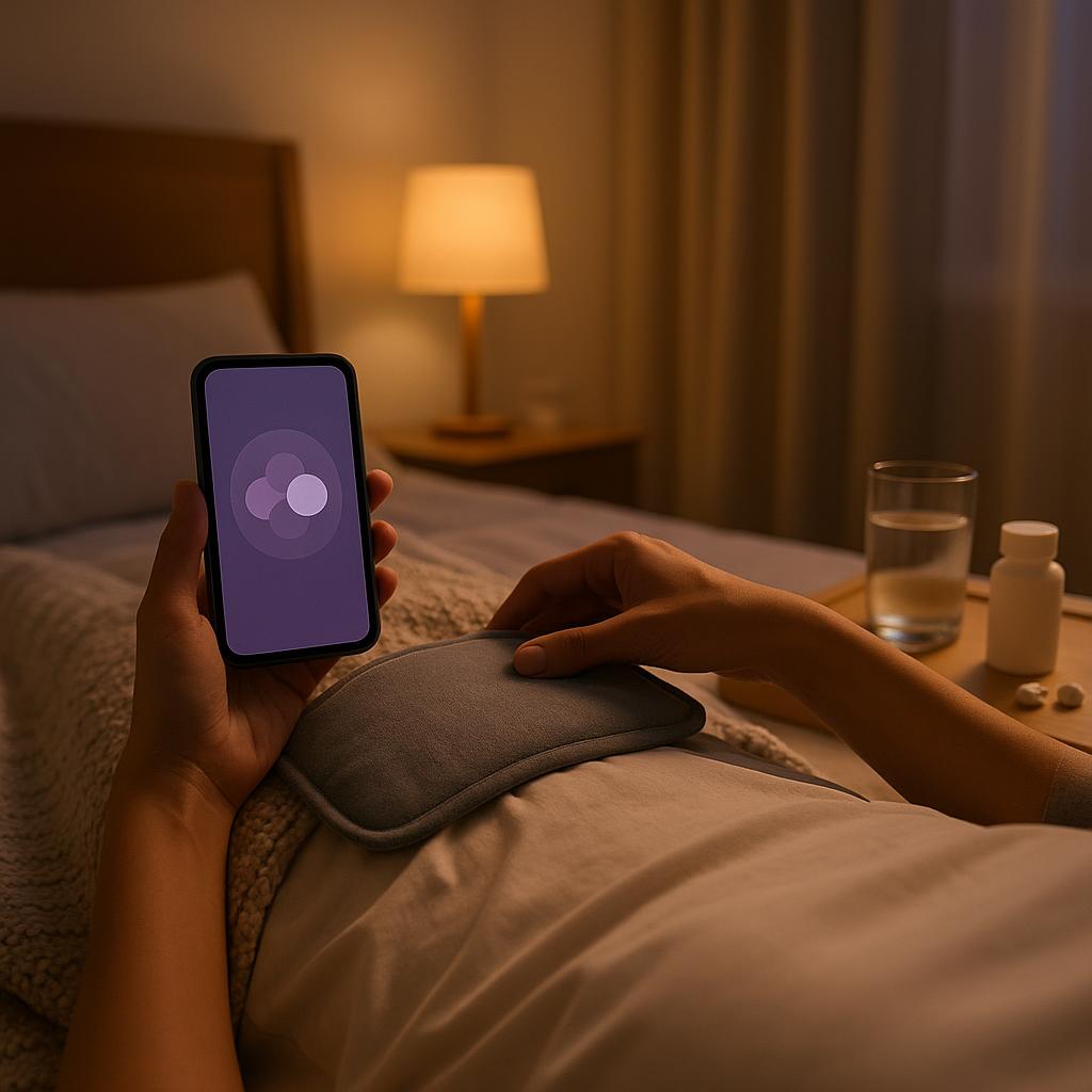 POV scene of a person in cozy sleepwear receiving a heating pad from a partner in a softly lit bedroom, with a bedside tray holding lubricant, water, earbuds, and a phone showing a breathing exercise for post-intimacy comfort.