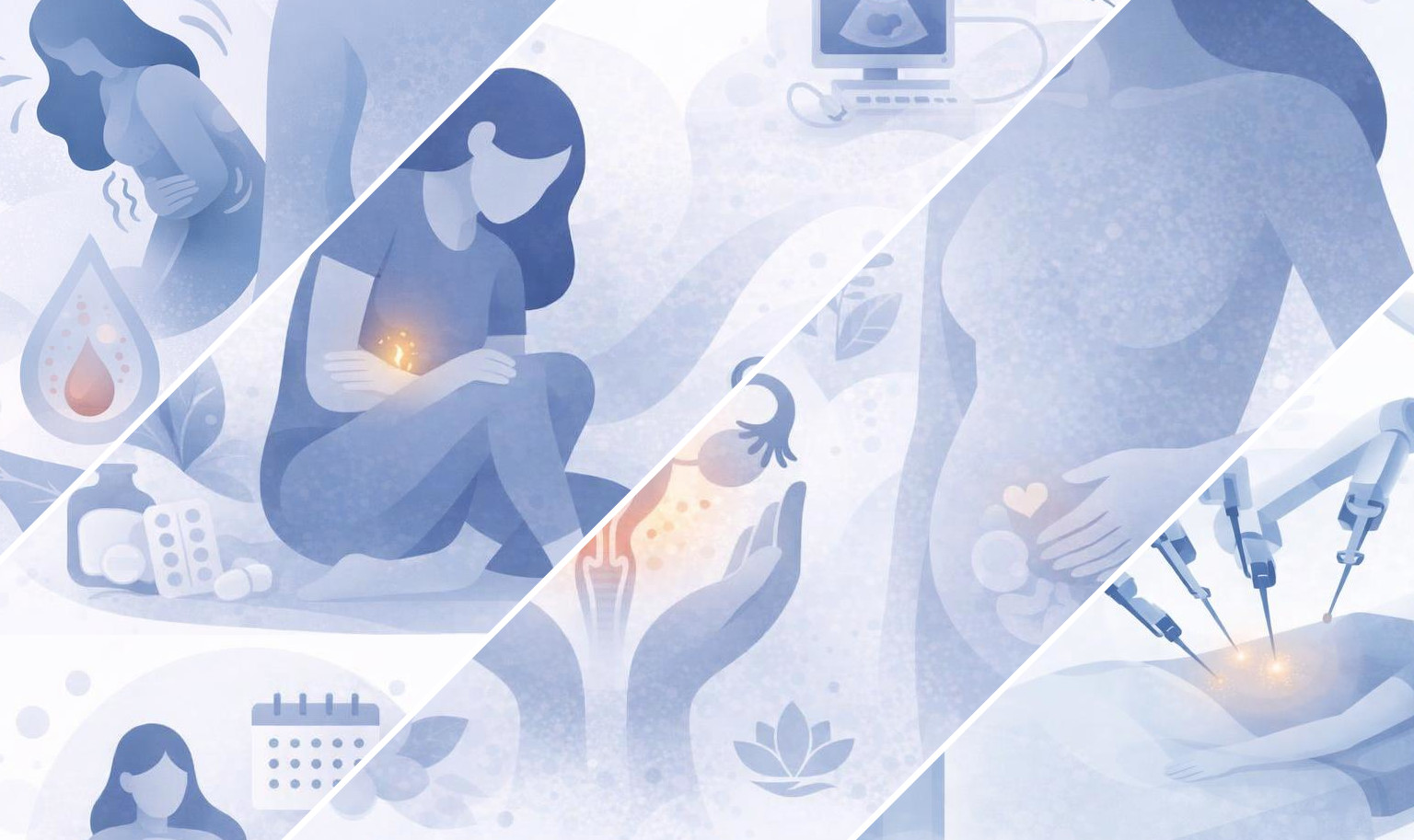 An illustrative collage of different aspects of endometriosis and adenomyosis care.