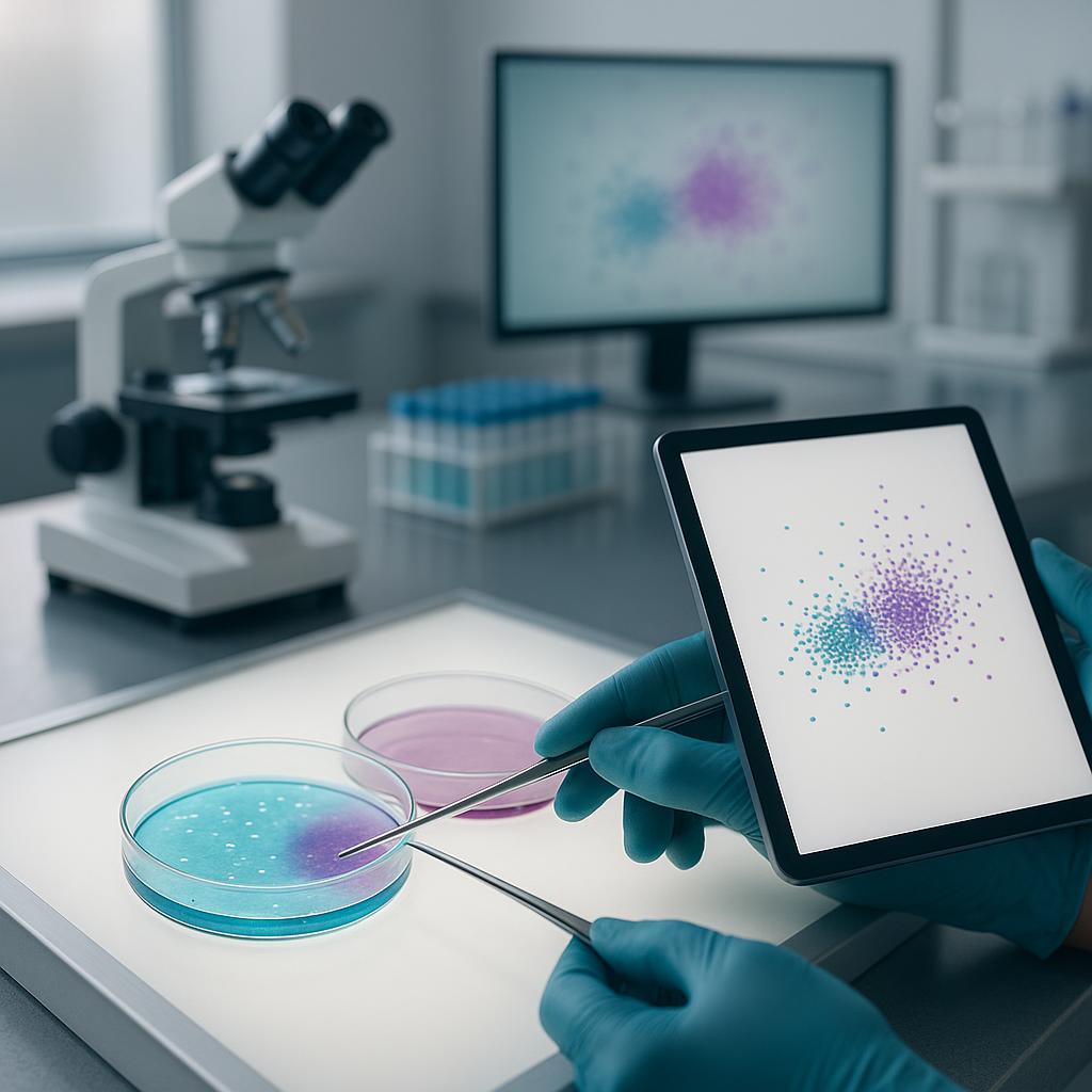 Three-quarter view in a modern lab of gloved hands comparing two overlapping, color‑coded petri dishes on a lightbox, highlighting a purple area to suggest autoimmune overlap between lupus and endometriosis.