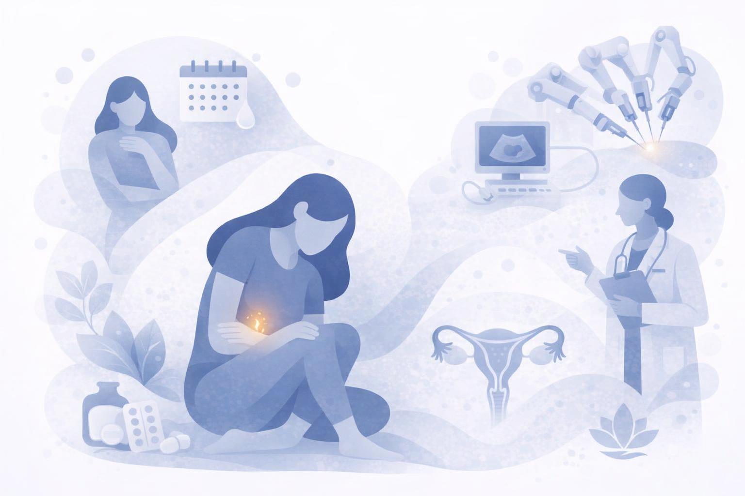 An illustrative collage of a female showing discomfort, robotic surgery, a doctor discussing treatment, medicines, and calendar.