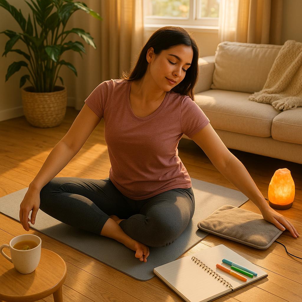 A photorealistic scene of a young woman practicing gentle yoga in a bright, peaceful living room with wellness tools like tea, a heating pad, and a notebook nearby.