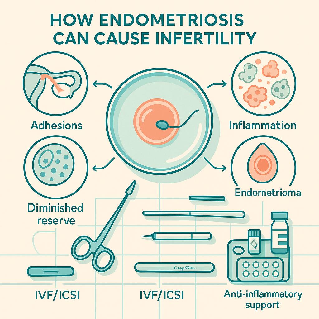 Top-down flat vector of a fertility lab bench showing endometriosis mechanisms—adhesions, inflammation, endometriomas, and reduced egg reserve—linked to treatments like excision surgery, IVF/ICSI, and hormonal suppression.