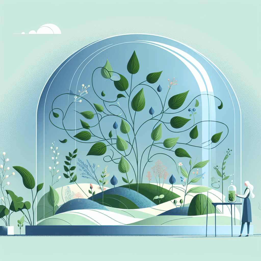 Abstract illustration of a garden enclosed in a glass dome, symbolizing fertility and protection.