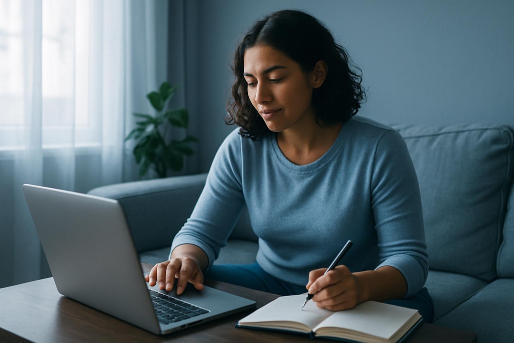 A woman sitting at a desk or couch researching or journaling about her health on a laptop or notebook. Soft natural light, peaceful atmosphere, blue-toned palette, empowering and relatable mood. No text.
