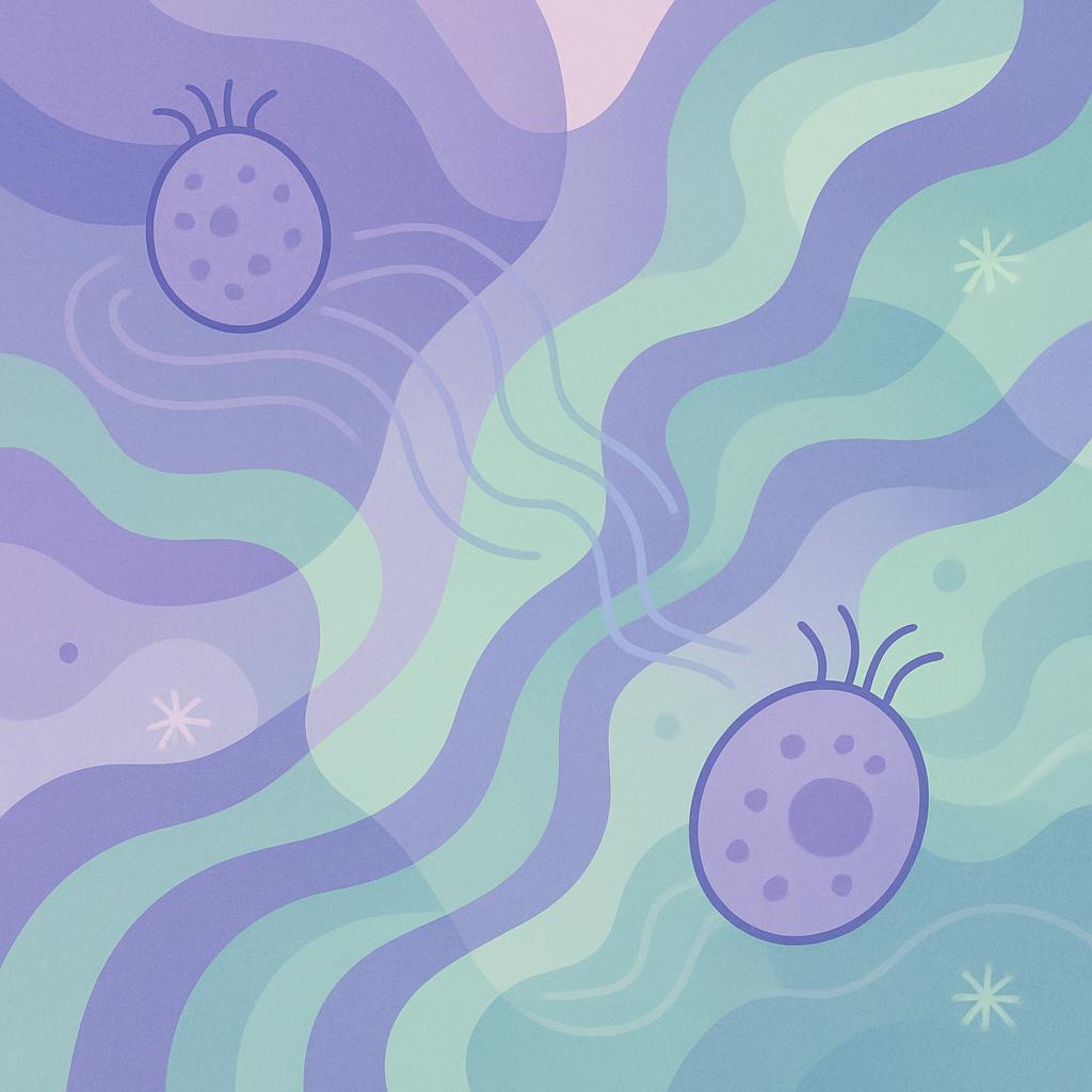Flat vector illustration of swirling abstract forms with glowing waves and mast cell motifs in soothing purple and green tones, viewed from above to suggest microscopic immune system activity.