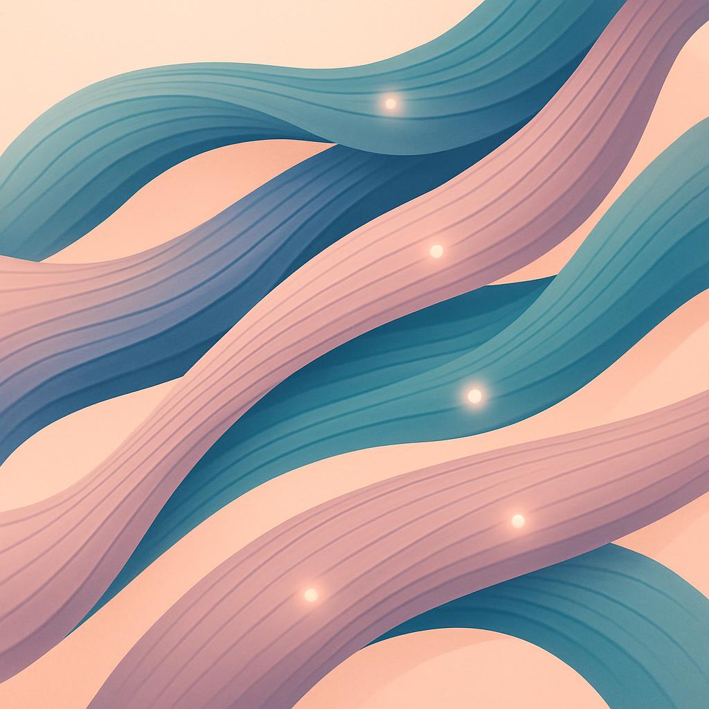 Abstract flat vector illustration of gently flowing muscle strands in soft colors, suggesting pelvic floor muscle sensitivity and persistent pain after surgery.