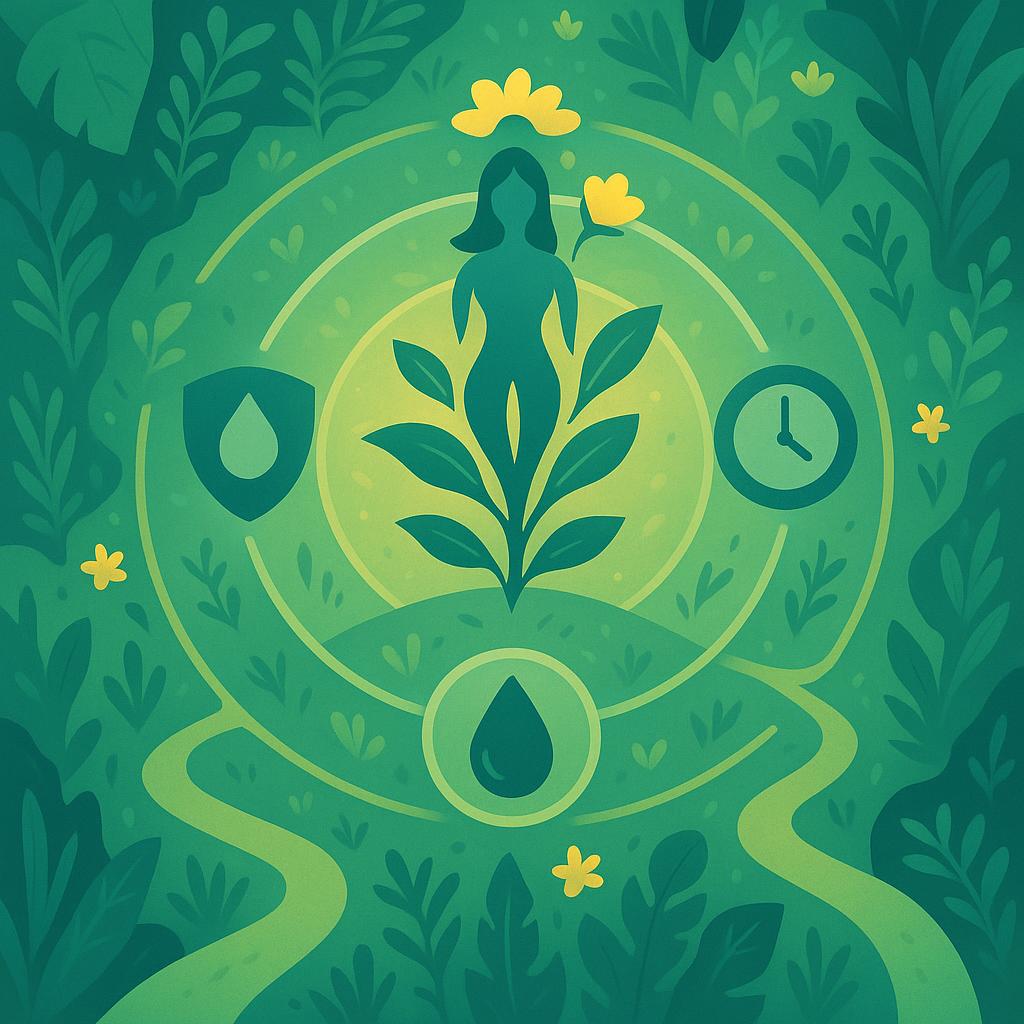 Flat vector illustration of a flourishing central plant encircled by symbolic protective rings and gentle pathways, representing prevention and ongoing care after surgery.