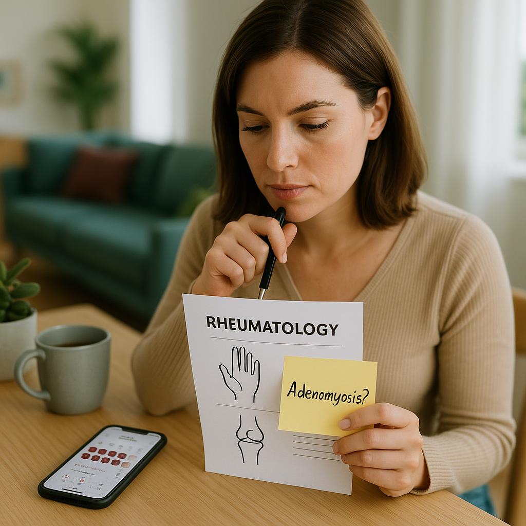 A woman at her home desk reviews a rheumatology report beside a phone showing heavy period days, linked by a puzzle-piece sticky note labeled “Adenomyosis?”.