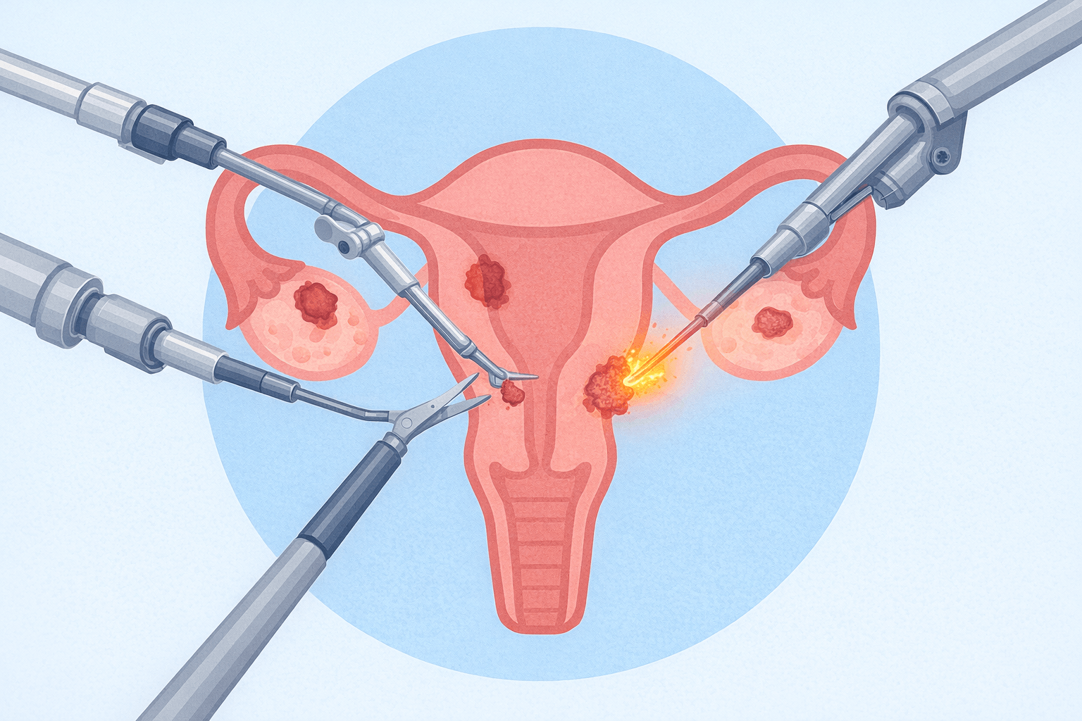 A flat vector illustration of a robotically assisted endometriosis excision surgery