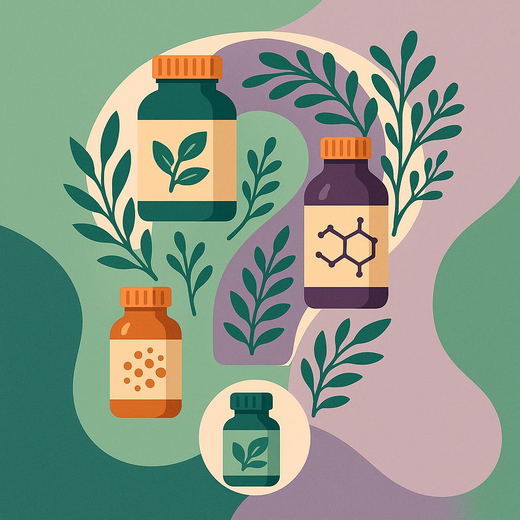 Flat vector illustration of supplement bottles and herbs intertwined in an abstract pattern with a large question mark, symbolizing uncertainty around supplements for endometriosis.