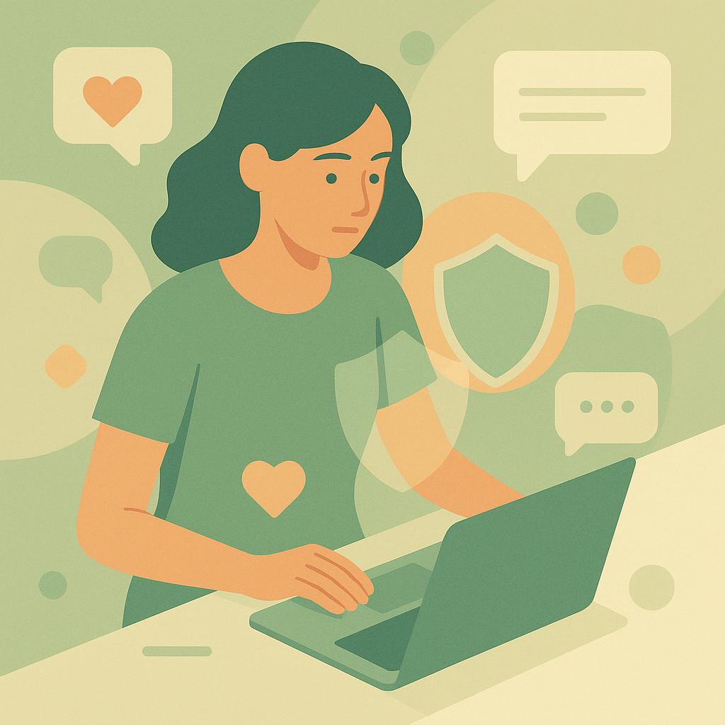Flat vector illustration of a woman at a desk surrounded by abstract Instagram elements and protective translucent filters, symbolizing careful navigation of social media health information.