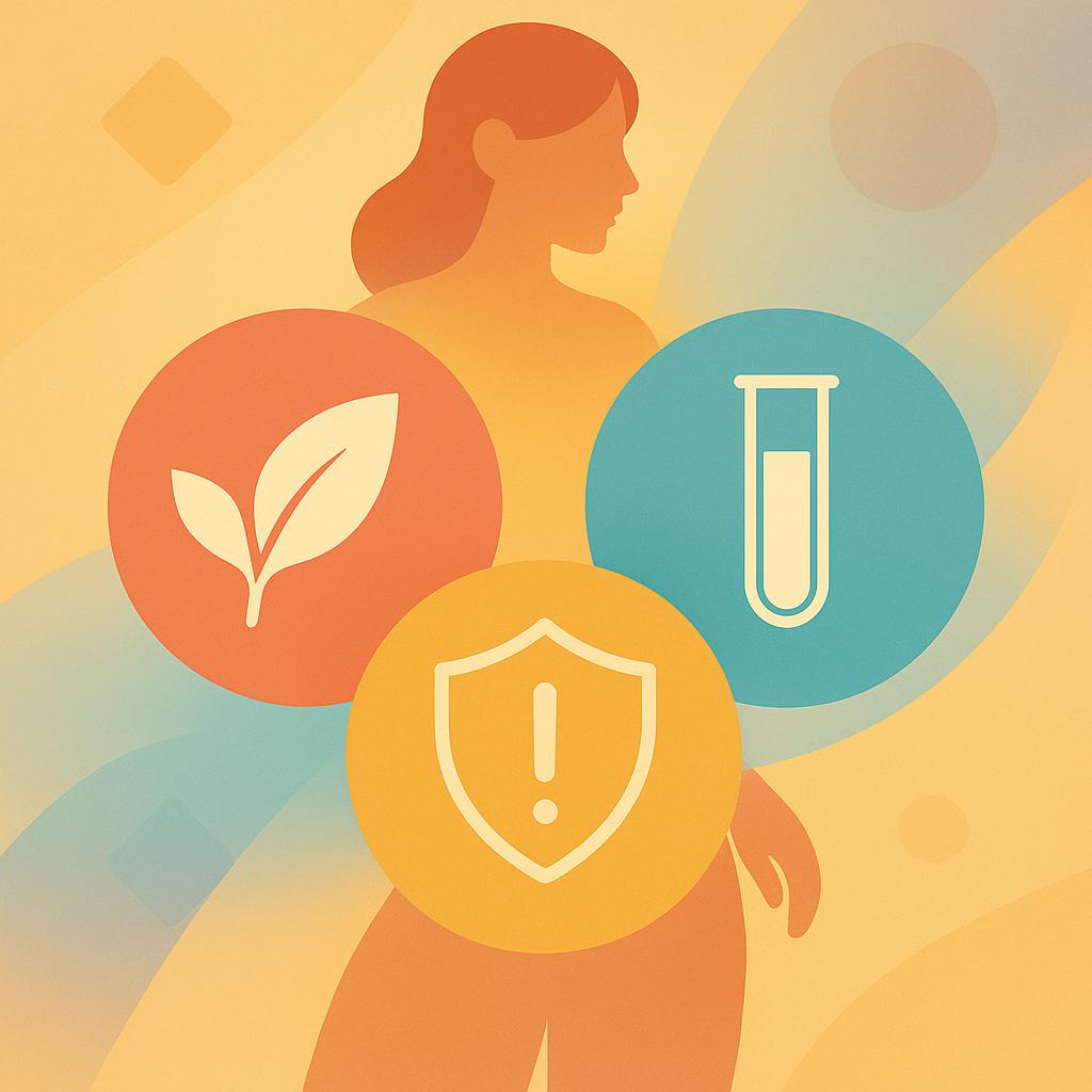 Flat vector illustration of three interconnected circles representing natural conception, IVF, and risk management options, viewed from above with an abstract feminine silhouette in the background.