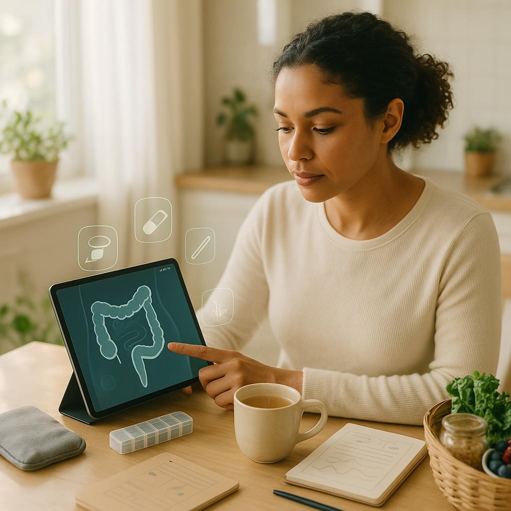 Eye-level photoreal scene of a woman at a sunlit kitchen table reviewing colon imaging on a tablet, with a symptom notebook, ginger tea, heating pad, pill organizer, and gut-friendly groceries to convey bowel endometriosis care and coping.
