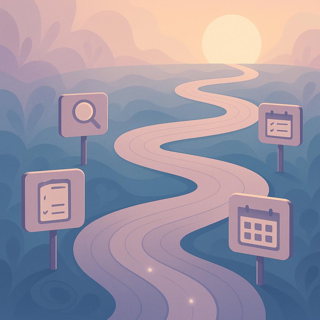 Flat vector illustration of a pastel winding path with investigation icons and signposts leading toward a glowing horizon, representing a step-by-step post-surgery pain investigation plan.
