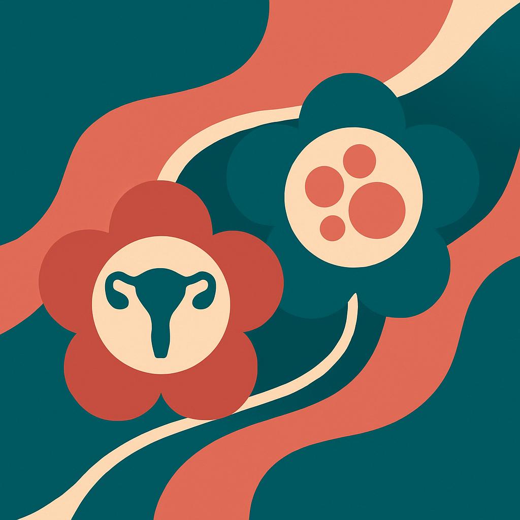 Abstract flat vector illustration of intertwining organic shapes symbolizing the link between endometriosis and fibroids, using bold teal and coral colors.
