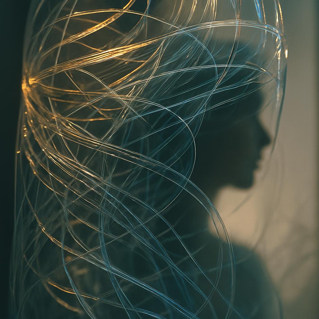 Photorealistic close-up of intertwined glass threads in a modern sculpture, illuminated with soft gold and blue highlights to evoke complexity and interconnection.