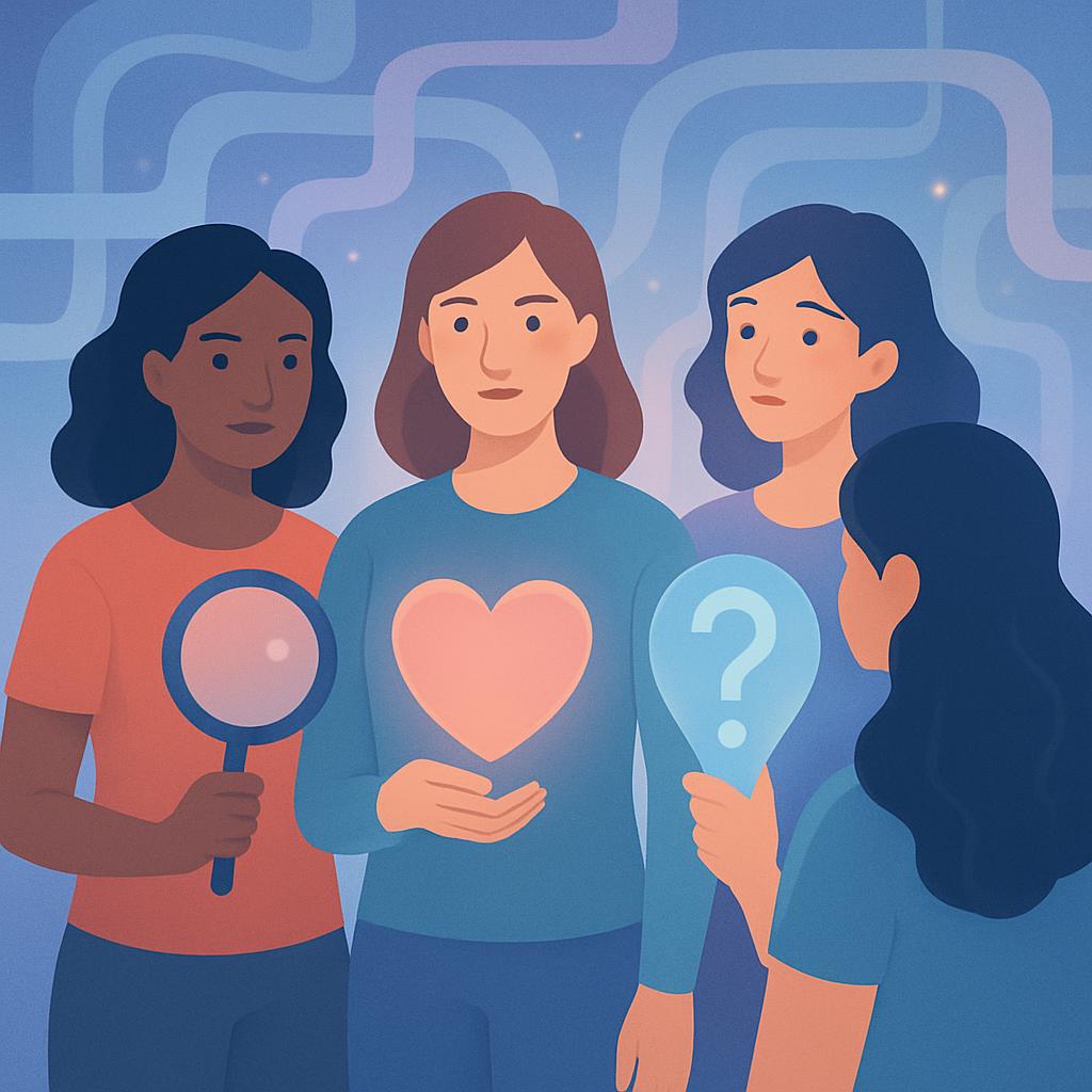 Flat vector illustration of diverse women holding symbolic objects for self-awareness, standing together in a softly glowing abstract maze, seen from a point-of-view perspective.