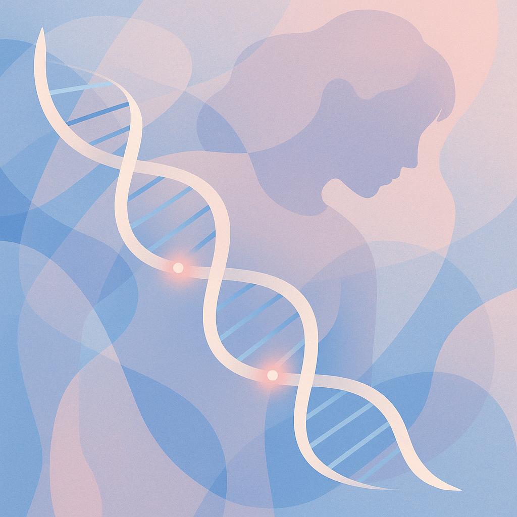 Flat vector illustration of a stylized DNA double helix with glowing points, softly blended with feminine colors and abstract shapes, suggesting genetic research in women's health.