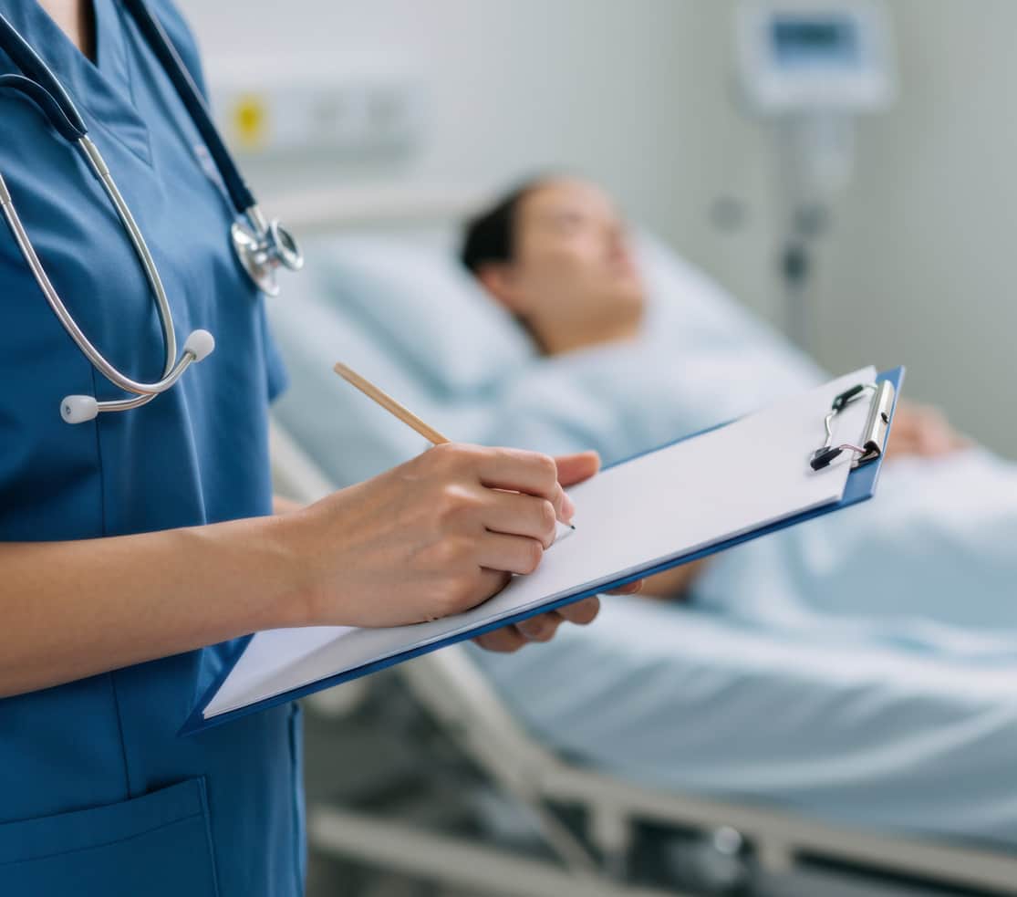 Healthcare professional evaluating patient recovery hospital room medical assessment calm environment close-up view patient care and monitoring 