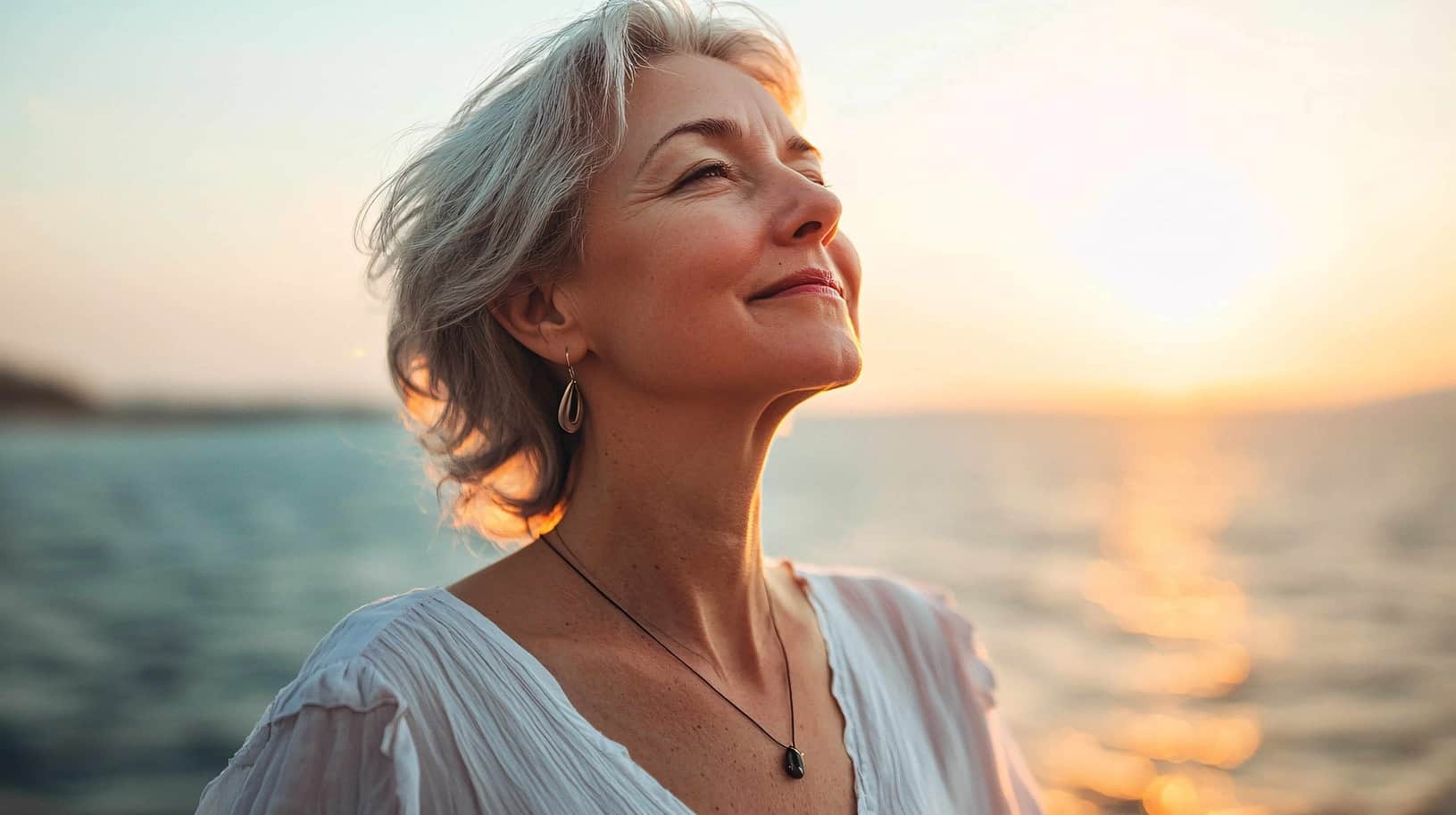 Woman confidently looking forward, chin up
