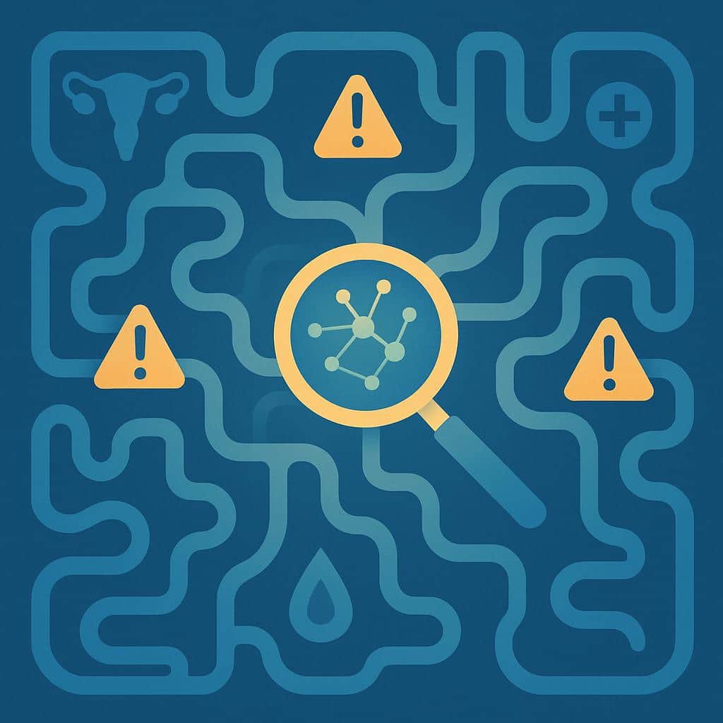 Flat vector illustration of an abstract maze with organic paths, subtle medical symbols, and a magnifying glass highlighting interconnected dots, symbolizing spotting early endometriosis symptoms and patterns.