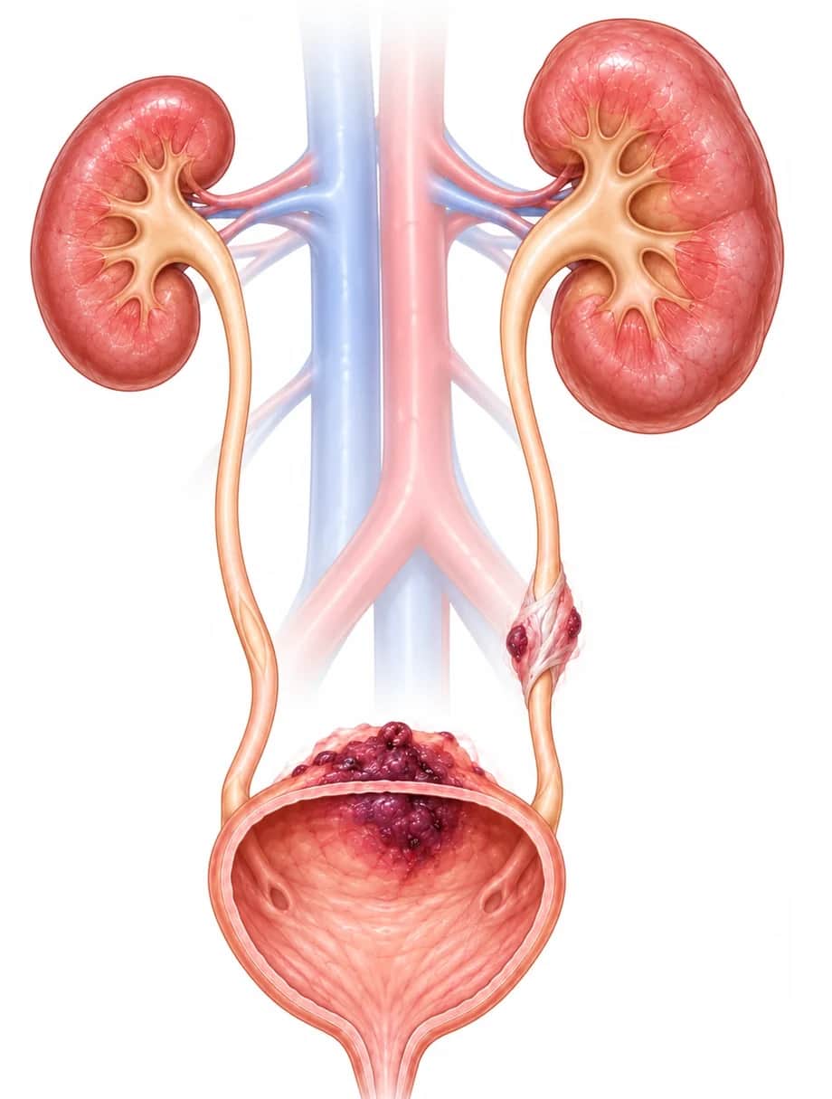 The kidneys, ureters and bladder from the front: an endometriosis nodule growing into the bladder wall, and one ureter narrowed by scar tissue and endometriosis.