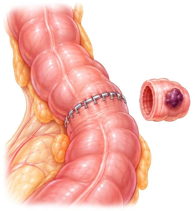 Segmental resection: the bowel rejoined with a line of staples after a short section was removed, beside the removed piece with the nodule on it.