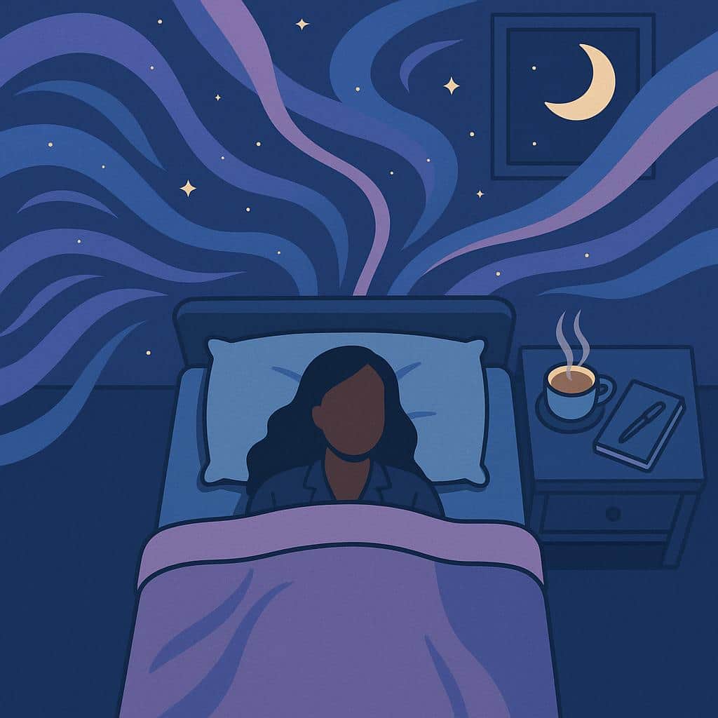 Flat vector illustration of a peaceful bedroom at twilight, glowing moon beyond the window, soothing swirling blue and lavender ribbons with tiny stars above a bed, and a nightstand with tea and notebook, symbolizing calming pre-surgery nerves.