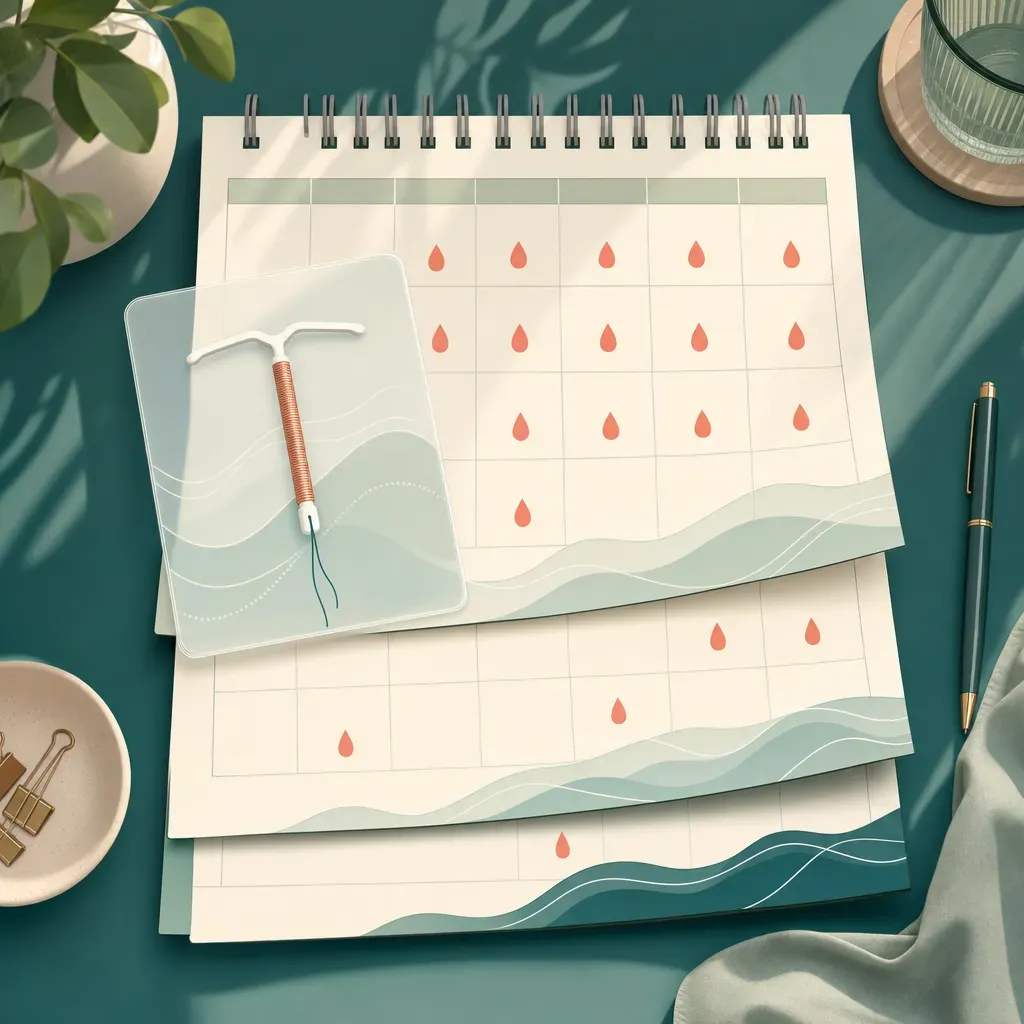 A hormonal IUD diagram overlays a calendar with coral droplets that grow more spaced out across its pages.