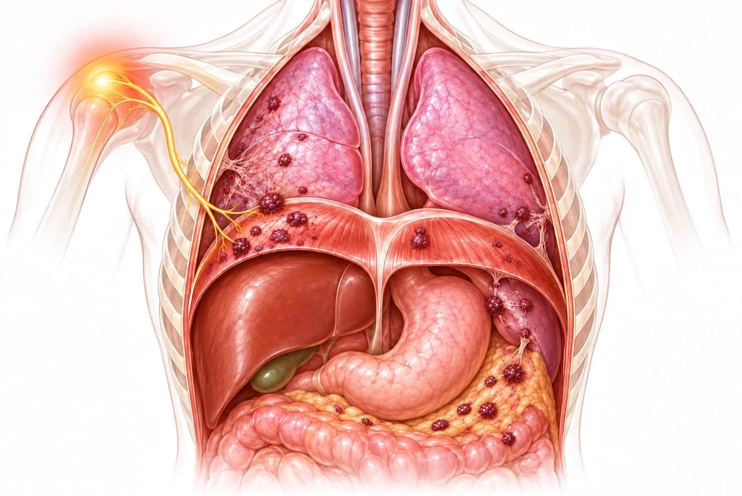 The chest and upper abdomen from the front: endometriosis on the right side of the diaphragm above the liver, a few spots on the lung, and the nerve that carries the pain to the right shoulder.