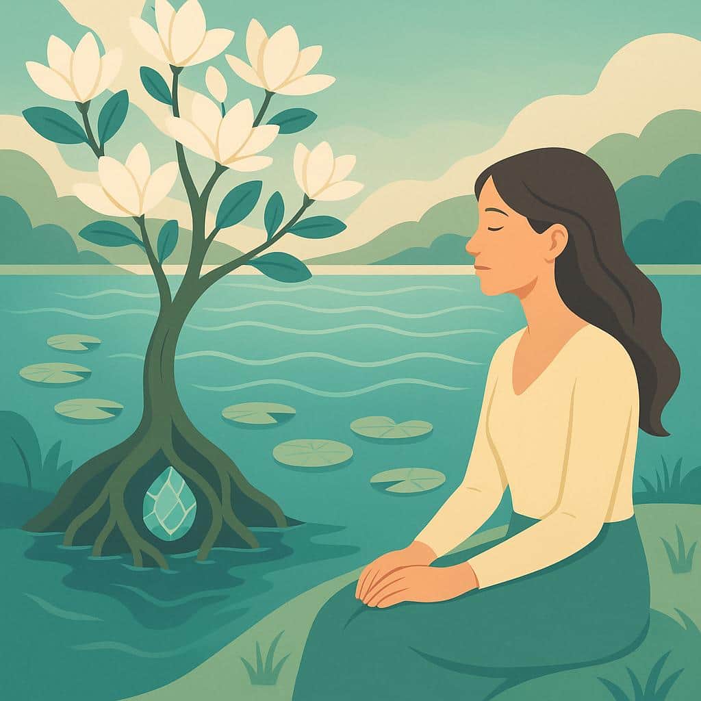 Three-quarter view of a tranquil lakeside with a magnolia tree at the shore, its exposed root surrounding a glowing gemstone underwater, and the lake surface forming an abstract ultrasound wave pattern, symbolizing the process of diagnosis and decision-making for endometrioma treatment.