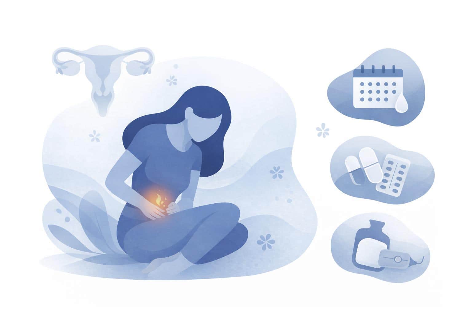 An illustration of a female sitting down, hunched over in discomfort.
