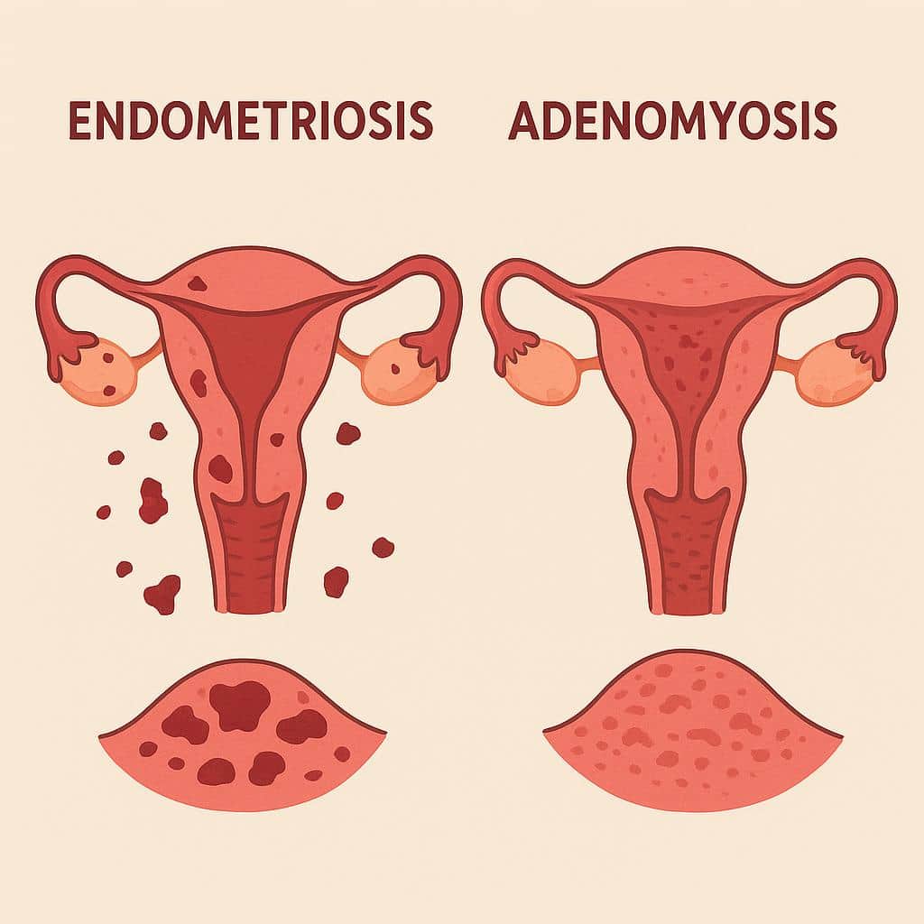 Side-by-side medical illustration labeled Endometriosis and Adenomyosis comparing uteri, with scattered lesions outside the uterus versus diffuse lesions within the uterine wall, plus pelvic cross-sections.