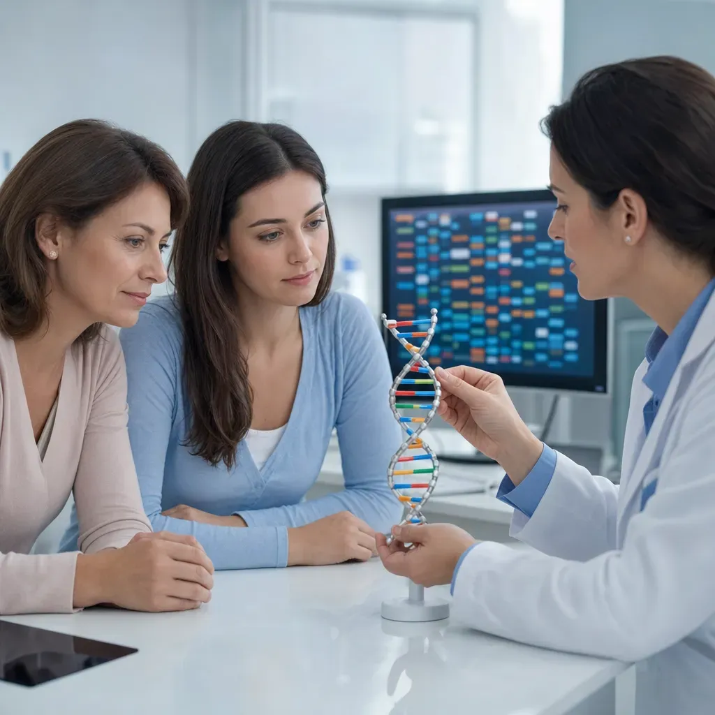 A woman and her mother review a DNA model with a clinician during a genetics consultation.