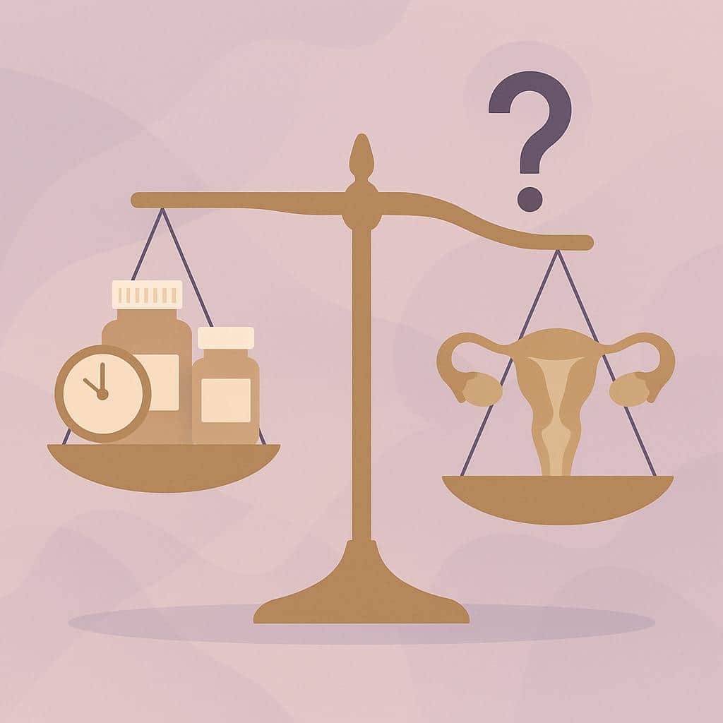 Flat vector illustration of a symbolic balance scale weighing hormone therapy options against diagnostic uncertainty, using pill bottles and medical icons.