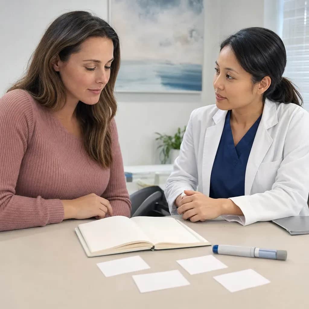 A patient and fertility specialist discuss IVF planning over an unmarked planner in a calm clinic room.