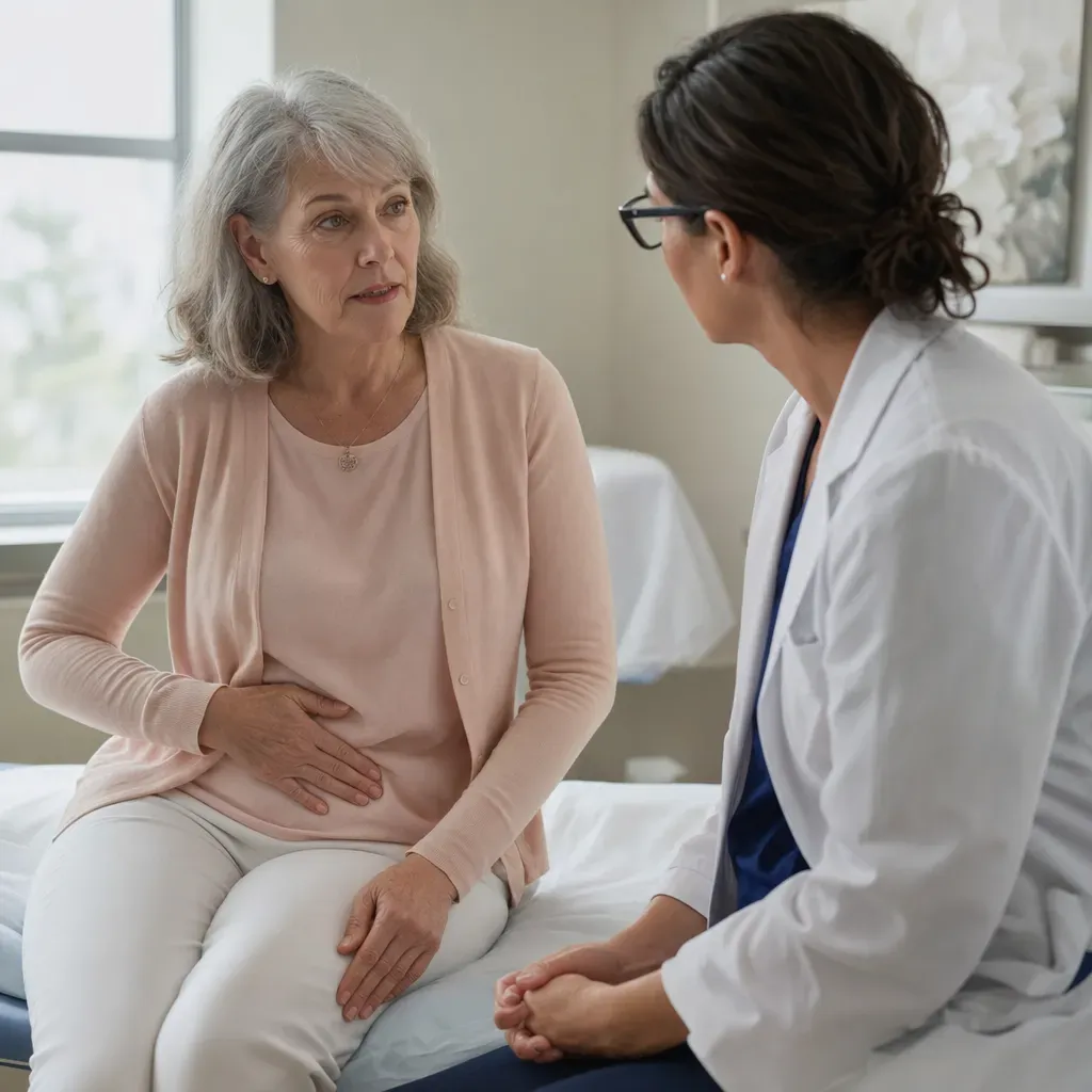 A woman in her early sixties rests a hand on her lower abdomen while talking with a clinician in a calm consultation room.