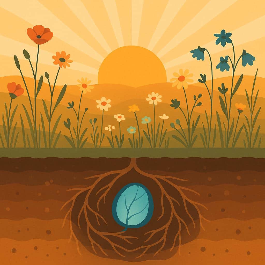 Clinical flat vector illustration of a wildflower meadow at sunrise, showing delicate roots beneath the soil forming a subtle spiral with a single blue-veined petal illuminated, symbolizing hidden ovarian remnants after surgery.